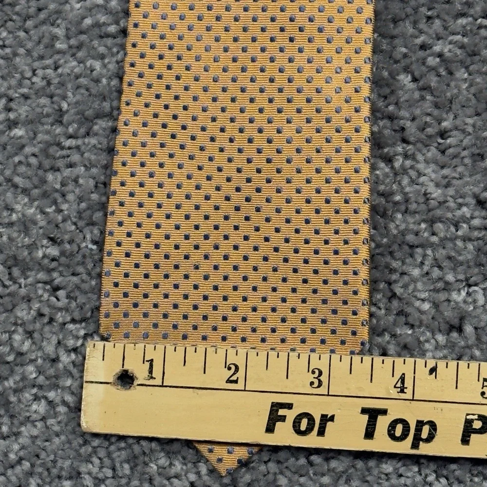 Tom James Mens Silk Necktie Gold Orange Woven Blue Dots